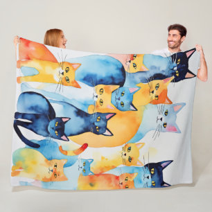 Aquarellfarbene Katzenkollage Fleecedecke