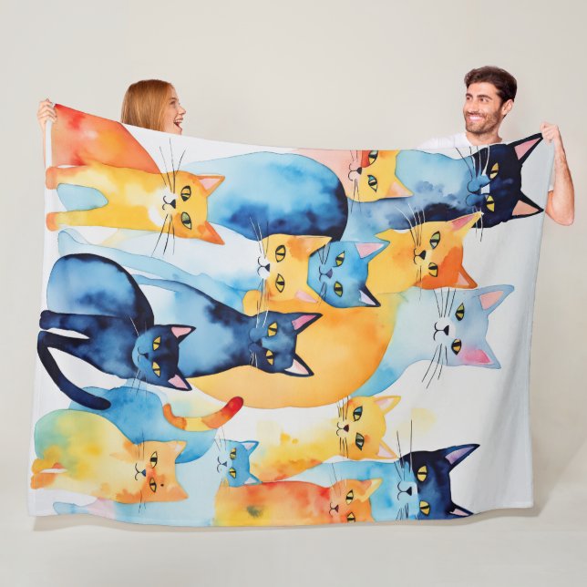 Aquarellfarbene Katzenkollage Fleecedecke (Beispiel)