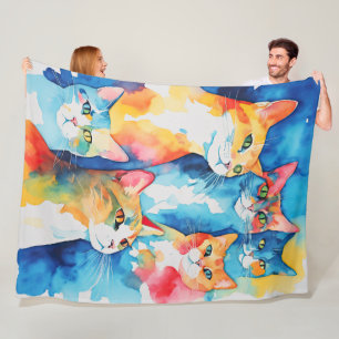 Aquarellfarbene Katzenkollage Fleecedecke
