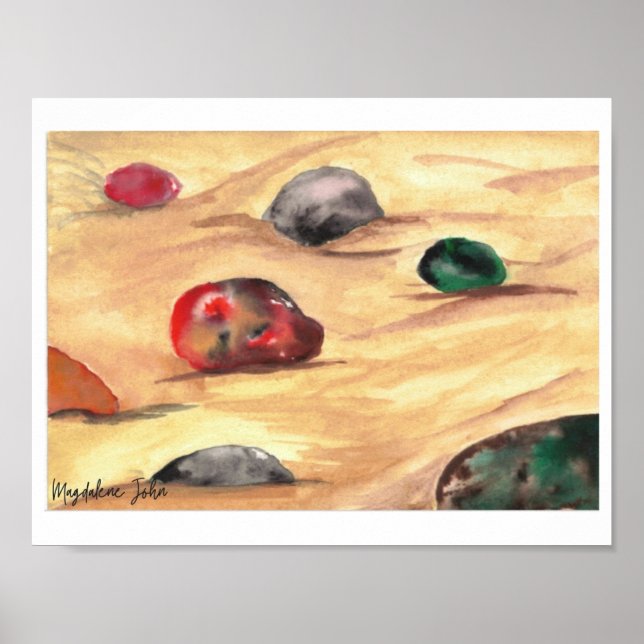 Aquarellfarbene Kies auf einem Sandstrand Poster (Vorne)