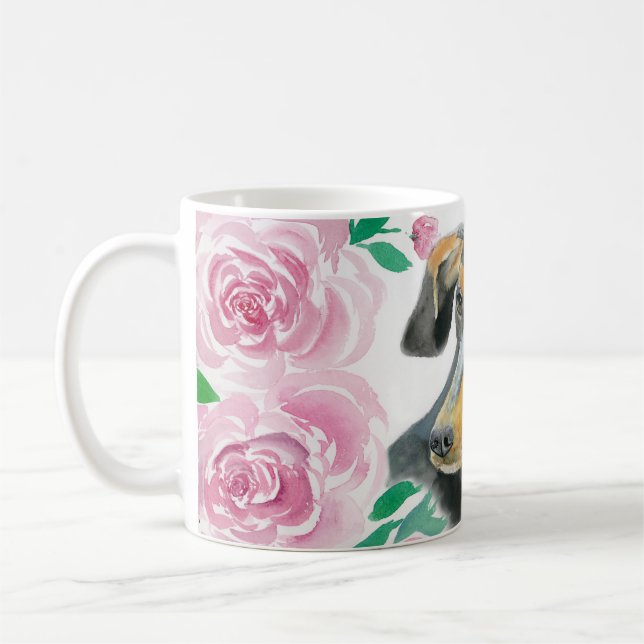 Aquarellfarbene Liebe einer Dackel mit rosa Rosen Kaffeetasse (Links)