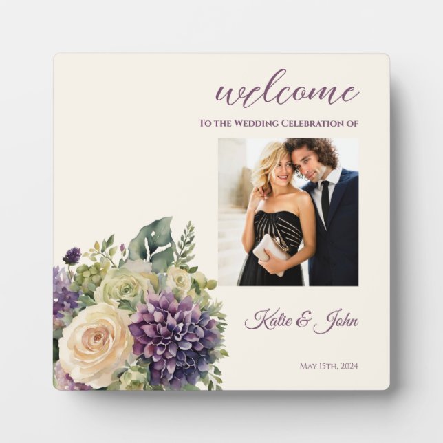 Aquarellfarbene Lila Blume Bouquet-Wedding - Begrü Fotoplatte (Vorderseite)