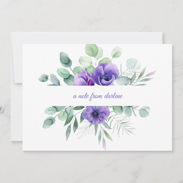 Aquarellfarbene Lila Blumenanemonen und Grünpflanz Mitteilungskarte (Vorderseite)