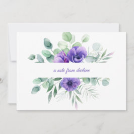 Aquarellfarbene Lila Blumenanemonen und Grünpflanz Mitteilungskarte