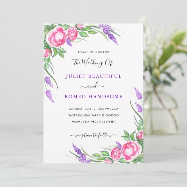 Aquarellfarbene Lila rosa Blume Hochzeit Einladung (Stehend Vorderseite)