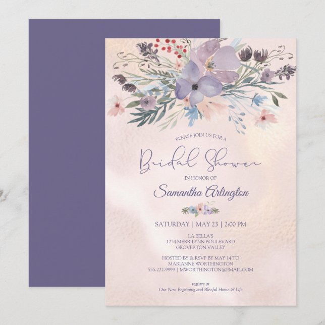 Aquarellfarbene Lila Rose Gold Brautparty Einladung (Vorne/Hinten)