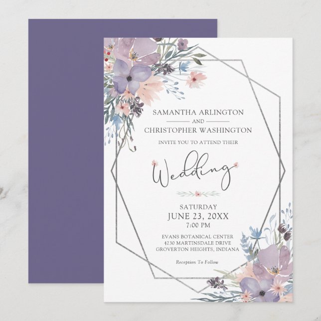Aquarellfarbene Lila Wildblumen Einladung (Vorne/Hinten)