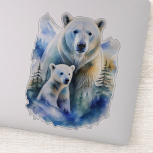 Aquarellfarbene Mama und Polar-Babybären Aufkleber