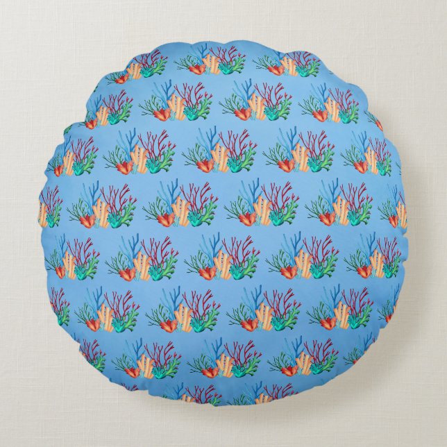 Aquarellfarbene Meereskorallen auf blau Rundes Kissen (Vorderseite)