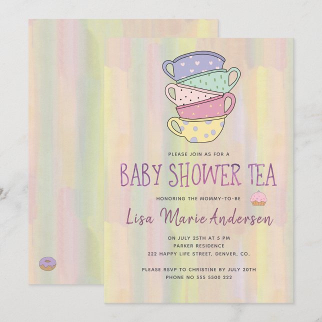 Aquarellfarbene Multicolorbecher Babydusche Tee Einladung (Vorne/Hinten)
