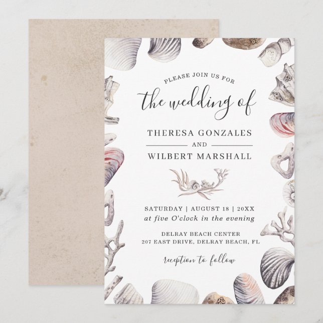 Aquarellfarbene Muschel Beach Sand Hochzeit Einladung (Vorne/Hinten)