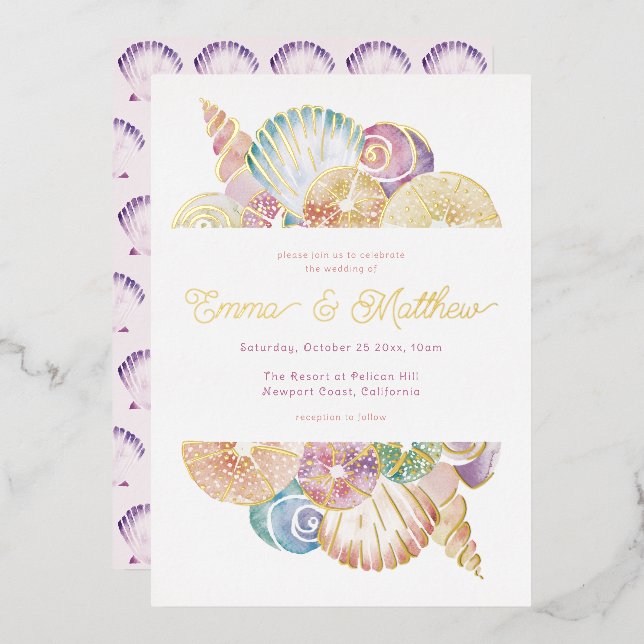 Aquarellfarbene Muschel unter der Hochzeit Folieneinladung (Vorderseite/Rückseite)