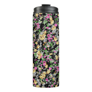Aquarellfarbene nahtlose Blumenmuster schwarzer Hi Thermosbecher