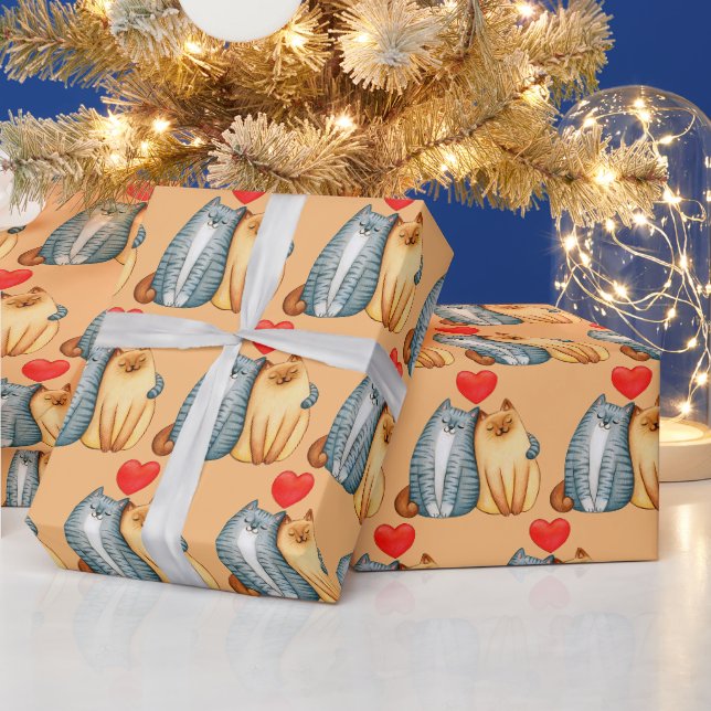 Aquarellfarbene Niedliche Katzen in der Liebe Herz Geschenkpapier (Feiertage)