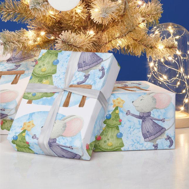 Aquarellfarbene Niedliche Maus Dekorieren Weihnach Geschenkpapier (Feiertage)