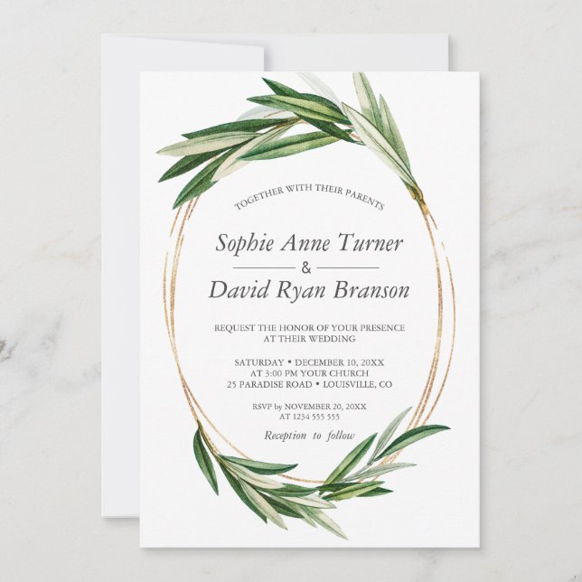 Aquarellfarbene Olive Blätter Goldrahmen Hochzeit Einladung (Vorderseite)
