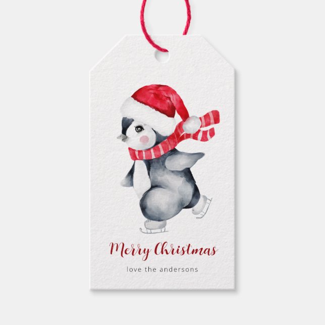 Aquarellfarbene Pinguin Weihnachten Weihnachtsfeie Geschenkanhänger (Vorderseite)