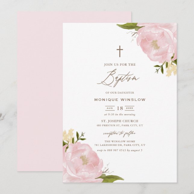 Aquarellfarbene Pink Peonies Taufe Einladung (Vorne/Hinten)