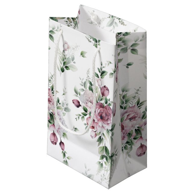Aquarellfarbene Pink Peonies und Grünpflanzen Kleine Geschenktüte (Vorderseite Schrägansicht)