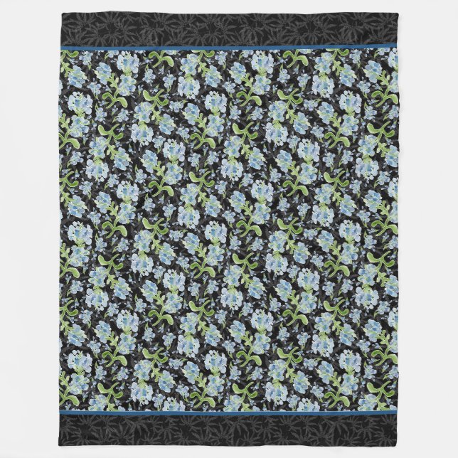 Aquarellfarbene Plumbago-Blume auf Schwarz Fleecedecke (Vorderseite)