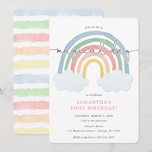 Aquarellfarbene Regenbogenpastellmädchen 1. Party Einladung (Vorne/Hinten)