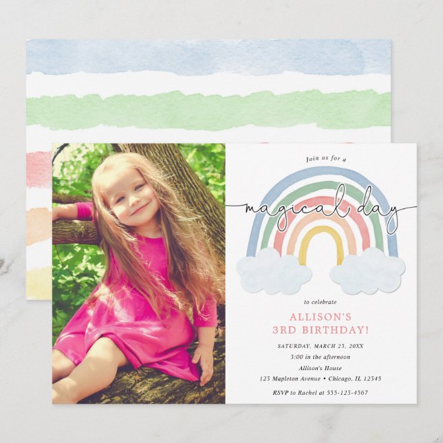 Aquarellfarbene Regenbogenpastellmädchen Geburtsta Einladung (Vorne/Hinten)