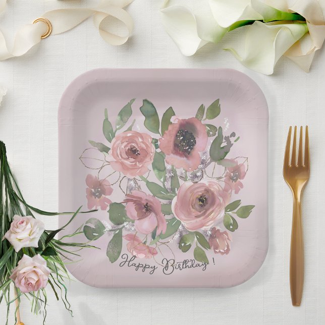 Aquarellfarbene rosa Blume auf Rosa Pappteller (Watercolor Pink flowers on Pink Paper Plates, great for parties and celebrations
)