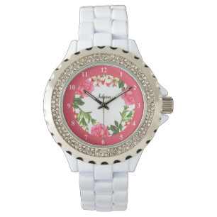 Aquarellfarbene rosa Blume Blumendarstellung Armbanduhr