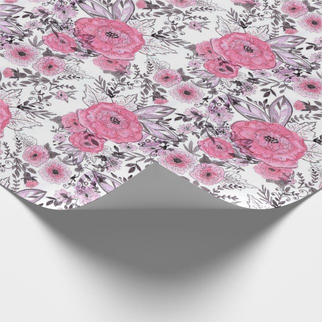 Aquarellfarbene rosa Blume hellweißer Hintergrund Geschenkpapier (Ecke)