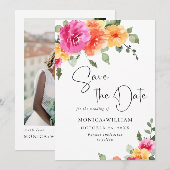 Aquarellfarbene, rosa Blume Hochzeitsstift Foto Save The Date (Vorne/Hinten)