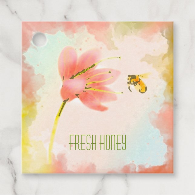Aquarellfarbene rosa Blume mit Bienenkopfmarken Geschenkanhänger (Vorderseite)