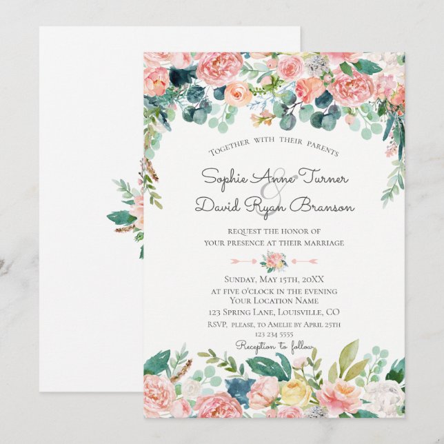 Aquarellfarbene Rosa Blume mit Rahmen Hochzeit Einladung (Vorne/Hinten)