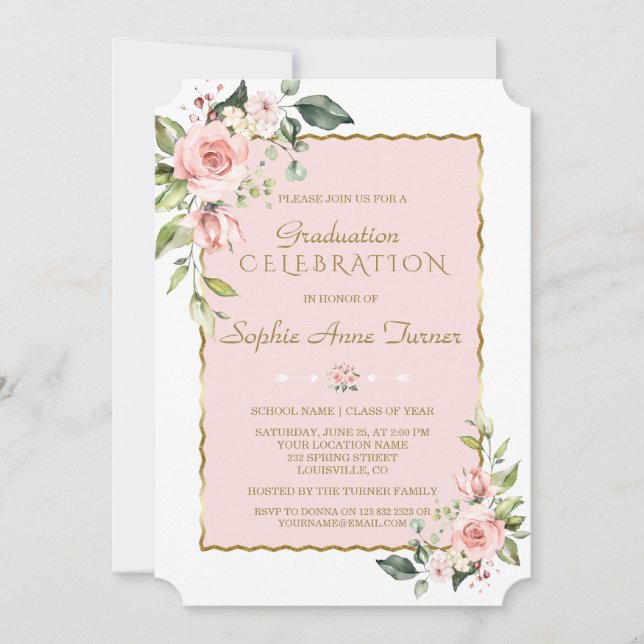 Aquarellfarbene Rosa Blush Bloral Gold Graduation  Einladung (Vorderseite)