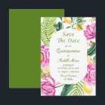 Aquarellfarbene Rosa Blütenstände Save The Date<br><div class="desc">Aquarellfarben Floral Pink Peonies Tulips Quinceañera Save the Dates Einladungen mit einem Blumenrahmen aus rosa Tulpen, rosa Pfannkuchen, ZitronenZitrusfrüchte mit Palmblättern und Grün mit goldfarbenen Schimmer Akzente auf einem weißen Hintergrund. Innen ist Ihre individuelle Quinceañera Save the Date Informationen. Personalisieren Sie den Text in den Textfeldern, indem Sie ihn bearbeiten....</div>