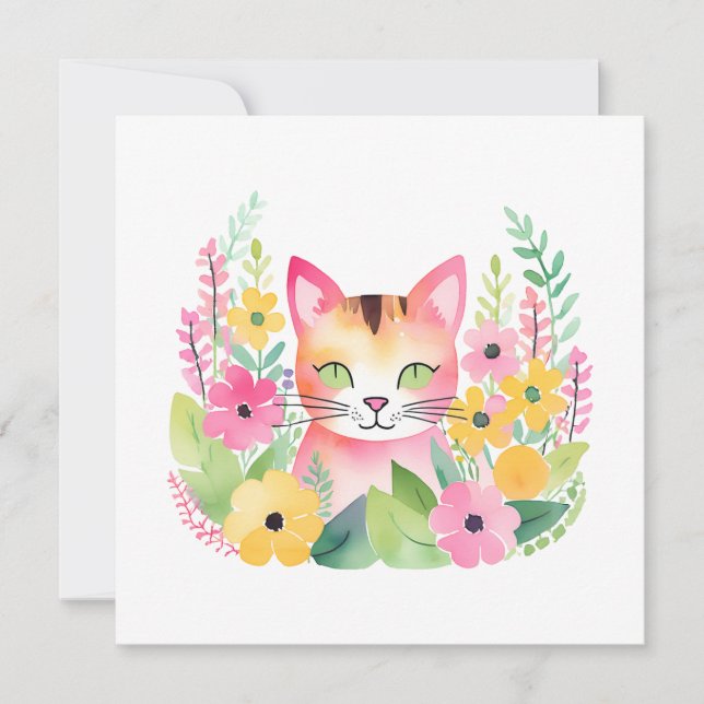 Aquarellfarbene Rosa Katze und Sommer-Blume Karte (Vorderseite)