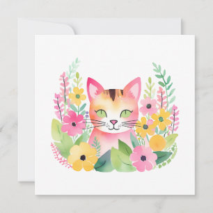 Aquarellfarbene Rosa Katze und Sommer-Blume Karte