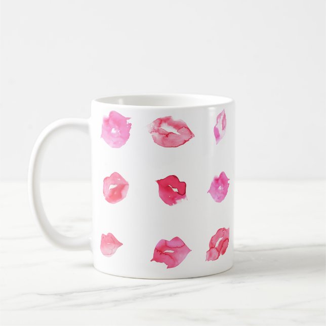 Aquarellfarbene Rosa Lippen. Muster Chic, trendige Kaffeetasse (Links)