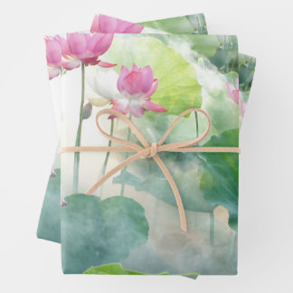 Aquarellfarbene Rosa Lotus-Blume mit Blätter