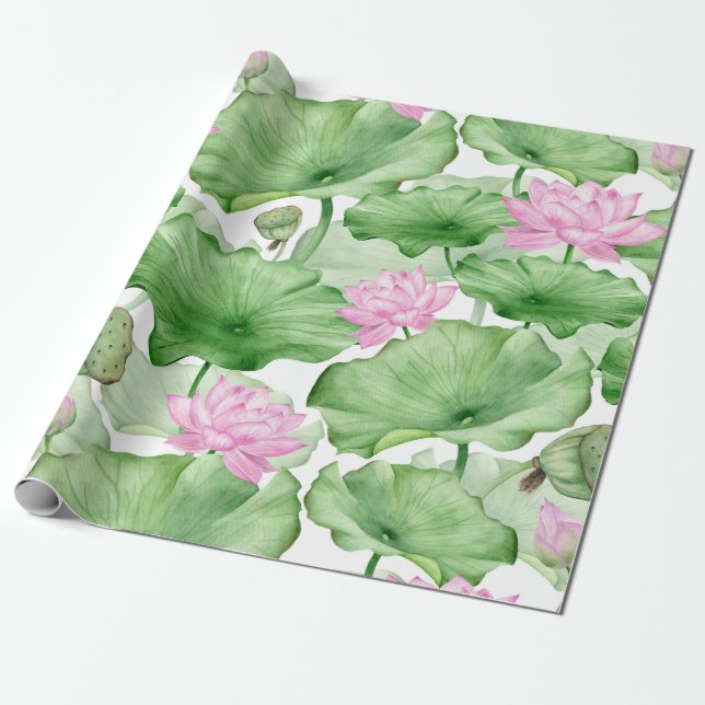 Aquarellfarbene Rosa Lotus-Blume mit großen Blätte Geschenkpapier (Ungerollt)
