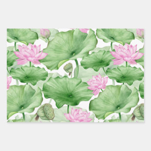 Aquarellfarbene Rosa Lotus-Blume mit großen Blätte Geschenkpapier Set