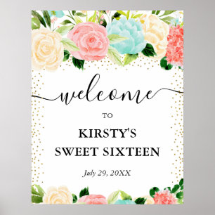 Aquarellfarbene Rosa Minze Blume Sweet 16 Willkomm Poster