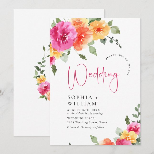 Aquarellfarbene, rosa Orangefarbene Blume Hochzeit Einladung (Vorne/Hinten)