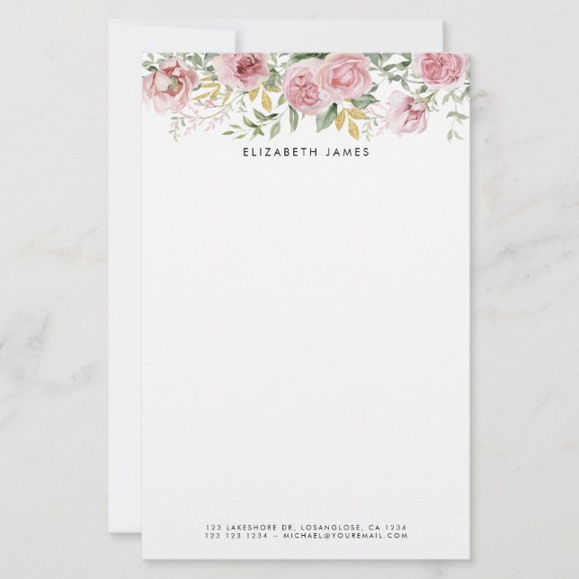 Aquarellfarbene Rosa Peongs und Eukalyptus Gold Kr Briefpapier (Vorderseite)