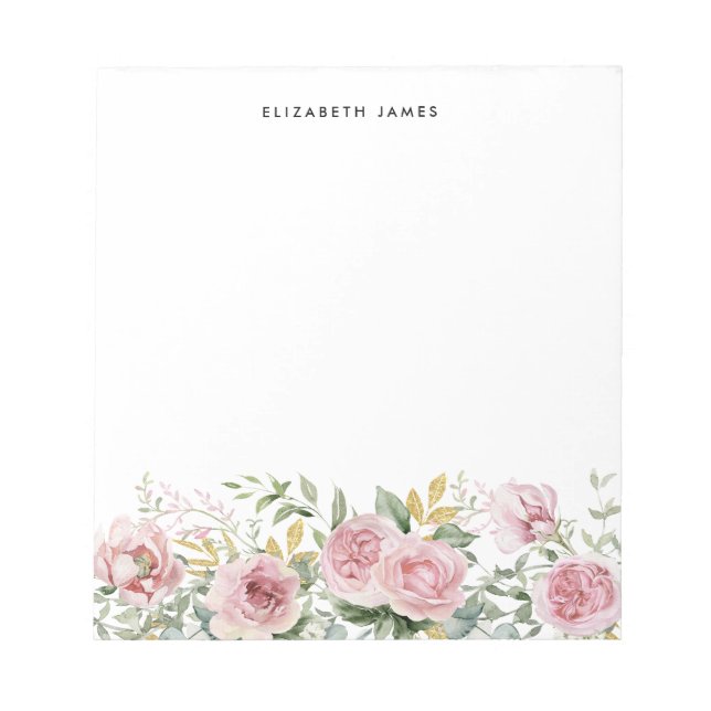 Aquarellfarbene Rosa Peongs und Eukalyptus Gold Kr Notizblock (Vorderseite)