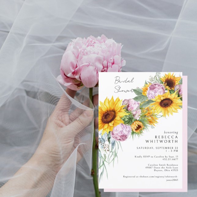 Aquarellfarbene Rosa Peonings & Sonnenblumen Braut Einladung (Von Creator hochgeladen)