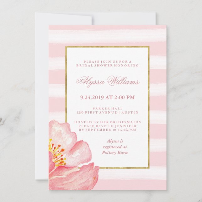 Aquarellfarbene Rosa Streifen und Peony-Brautparty Einladung (Vorderseite)