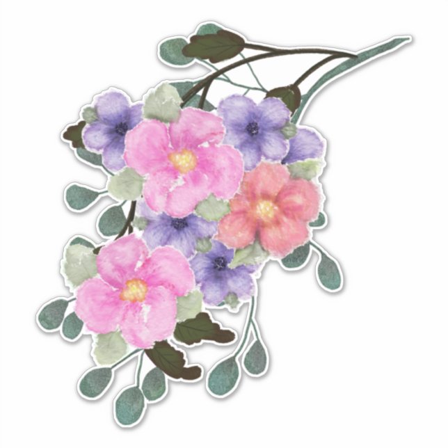 Aquarellfarbene, rosa und violette Blumen Aufkleber (Vorderseite)