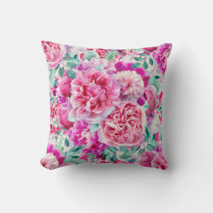 Aquarellfarbene, rosafarbene Peonies und grüne Aq Kissen