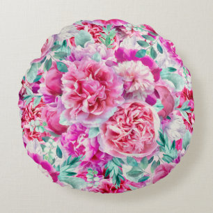 Aquarellfarbene, rosafarbene Peonies und grüne Aq Rundes Kissen