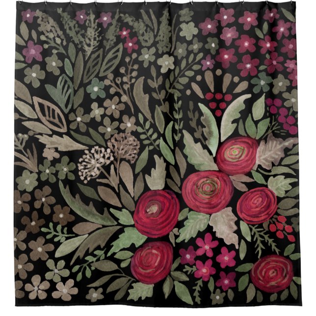 Aquarellfarbene Rose auf schwarzem Hintergrund, Aq Duschvorhang (Vorderseite)